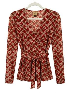 CAbi Rust Chain Print Wrap Top Sheer Mesh Tie Waist M Equestrian Chic Workwear